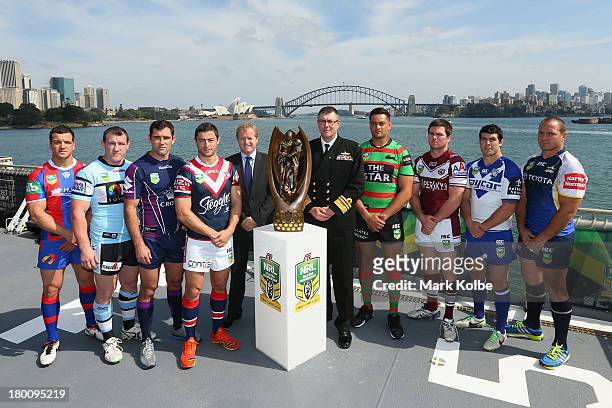Jarrod Mullen of the Knights, Paul Gallen of the Sharks, Cameron Smith of the Storm, Anthony Minichiello of the Roosters, NRL CEO Dave Smith, Chief...