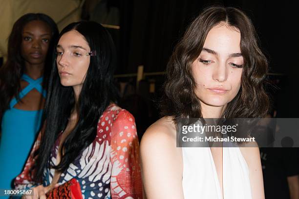 Model prepare backstage before the Diane Von Furstenberg show during Spring 2014 Mercedes-Benz Fashion Week at The Theatre at Lincoln Center on...