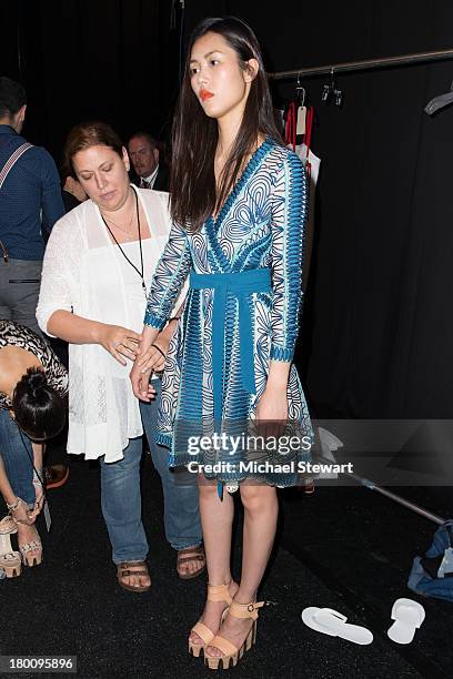 Model Liu Wen attends the Diane Von Furstenberg show during Spring 2014 Mercedes-Benz Fashion Week at The Theatre at Lincoln Center on September 8,...