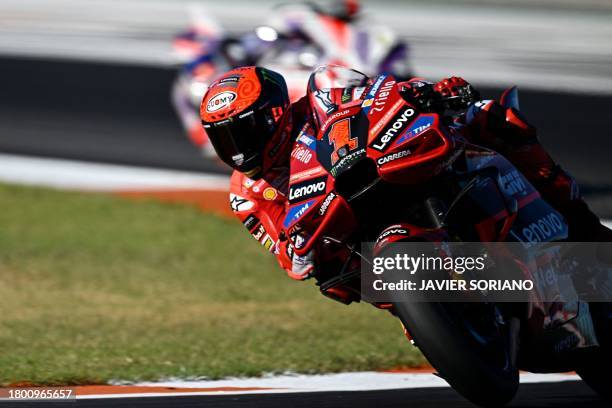 Ducati Italian rider Francesco Bagnaia rides during the practice session of the MotoGP Valencia Grand Prix at the Ricardo Tormo racetrack in Cheste,...