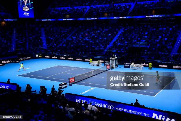 General view of Novak Djokovic of Serbia against Carlos Alcaraz of Spain in their Semi Finals Men's Single's Nitto ATP match during day seven of the...