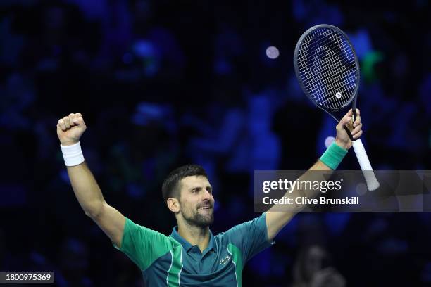 Novak Djokovic of Serbia celebrates victory against Carlos Alcaraz of Spain during the Men's Singles Semi Final match on day seven of the Nitto ATP...