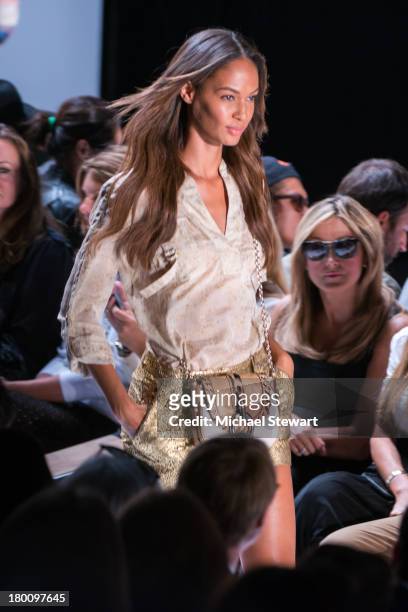Model Joan Smalls walks the runway during the Diane Von Furstenberg show during Spring 2014 Mercedes-Benz Fashion Week at The Theatre at Lincoln...