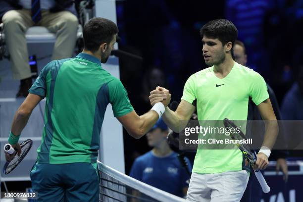 Carlos Alcaraz of Spain congratulates Novak Djokovic of Serbia on his victory after their Men's Singles Semi Final match on day seven of the Nitto...
