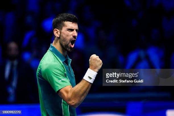 Novak Djokovic of Serbia celebrates a victory against Carlos Alcaraz of Spain in their Semi Finals Men's Single's Nitto ATP match during day seven of...