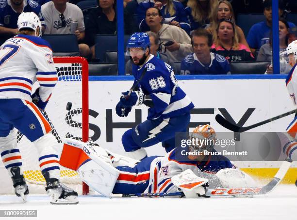 Nikita Kucherov of the Tampa Bay Lightning misses a first period chance against Stuart Skinner of the Edmonton Oilers at Amalie Arena on November 18,...