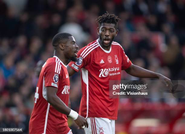 Ibrahim Sangare of Nottingham Forest talks to team mate Serge Aurier during the Premier League match between Nottingham Forest and Aston Villa at...