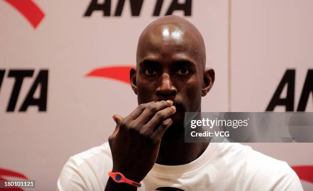 American NBA player Kevin Garnett of the Brooklyn Nets attends a press conference on September 8, 2013 in Guangzhou, China.