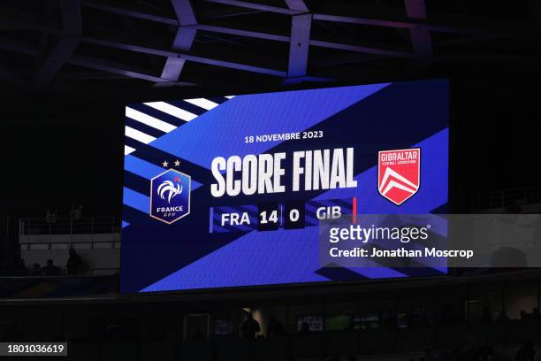 The 14-0 final score is shown on the stadium screen following the final whistle of the UEFA EURO 2024 European qualifier match between France and...
