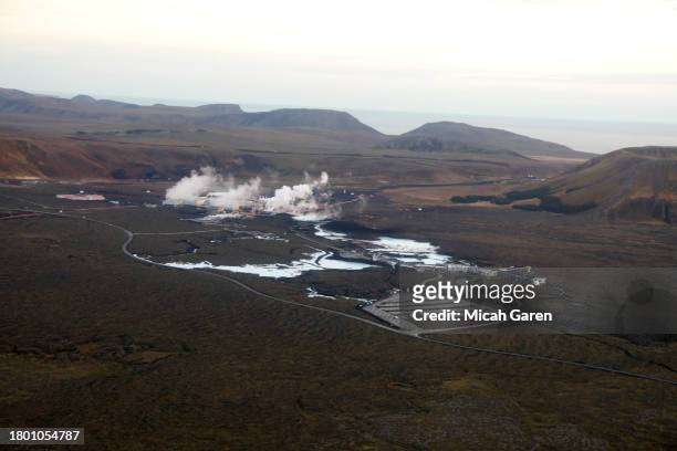 Power plant and Blue Lagoon north of Grindavik on November 18, 2023 in Grindavik, Iceland.