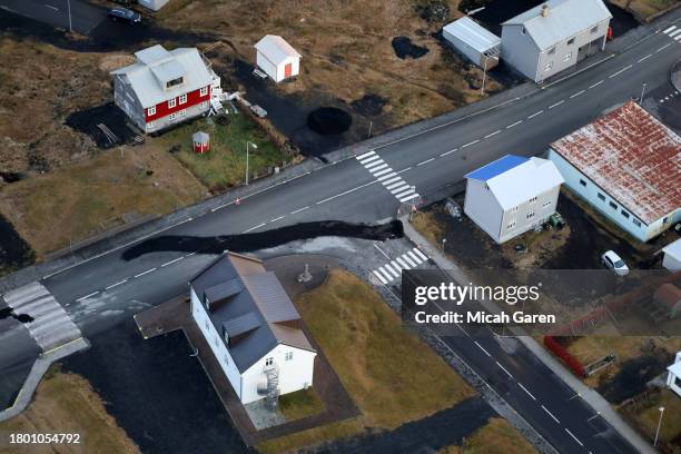 Cracks in town of Grindavik made by earthquakes already filled in on November 18, 2023 in Grindavik, Iceland.