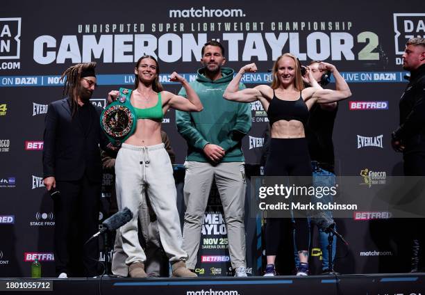 Skye Nicolson and Lucy Wildheart at their weigh in ahead of their WBC interim World Featherweight Title fight at The Helix on November 24, 2023 in...