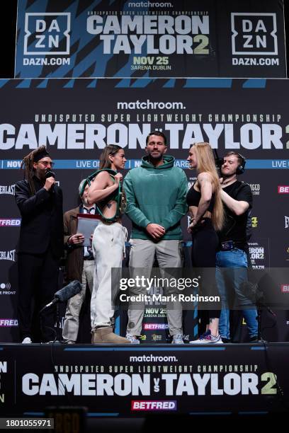 Skye Nicolson and Lucy Wildheart at their weigh in ahead of their WBC interim World Featherweight Title fight at The Helix on November 24, 2023 in...