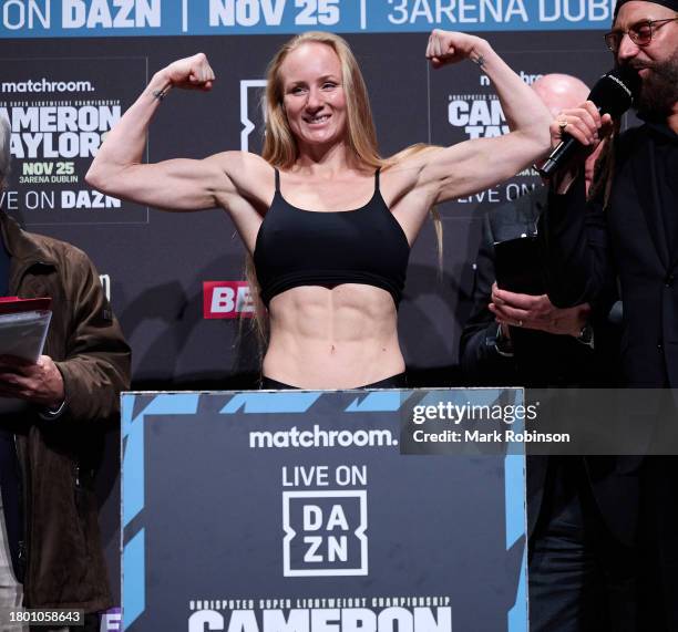 Lucy Wildheart weighs in ahead of her WBC interim World Featherweight Title fight at The Helix on November 24, 2023 in Dublin, Ireland.