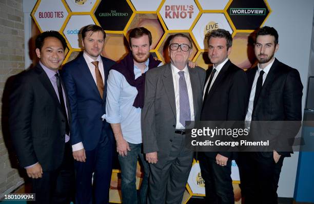 Producers Peter Phok, Jacob Jaffke, actors Joe Swanberg, Gene Jones, AJ Bowen and Ti West attend the SodaStream presents The Worldview Party at Live...