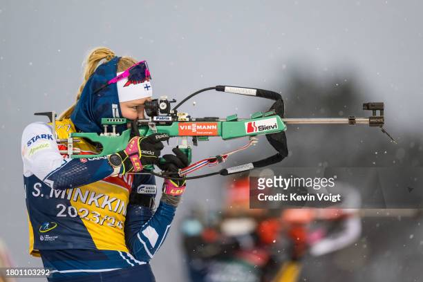 Suvi Minkkinen of Finland at the shooting range during the Training Women and Men at the BMW IBU World Cup Biathlon Oestersund on November 24, 2023...