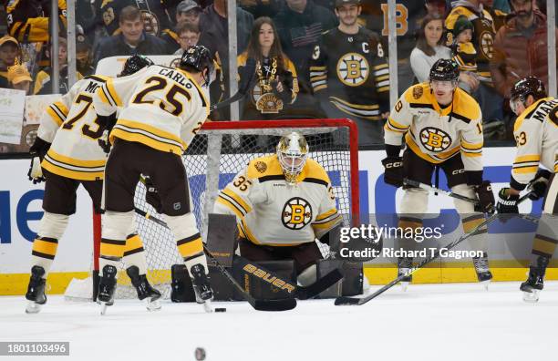 Linus Ullmark of the Boston Bruins warms up before a game against the Detroit Red Wings at the TD Garden on November 24, 2023 in Boston,...