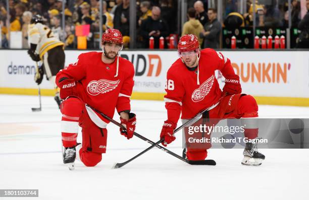 Shayne Gostisbehere of the Detroit Red Wings talks to teammate Daniel Sprong before a game against the Boston Bruins at the TD Garden on November 24,...