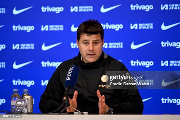 Head Coach Mauricio Pochettino of Chelsea during a press Conference at Chelsea Training Ground on November 24, 2023 in Cobham, England.