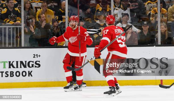 Compher of the Detroit Red Wings celebrates his goal against the Boston Bruins during the first period at the TD Garden on November 24, 2023 in...