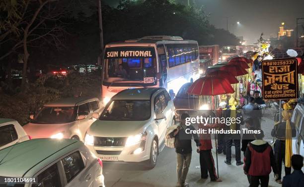 Heavy traffic jam seen due to wedding season at Pandav Nagar Road near NH-9, on November 24, 2023 in Ghaziabad, India.