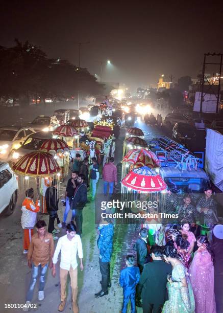 Heavy traffic jam seen due to wedding season at Pandav Nagar Road near NH-9, on November 24, 2023 in Ghaziabad, India.