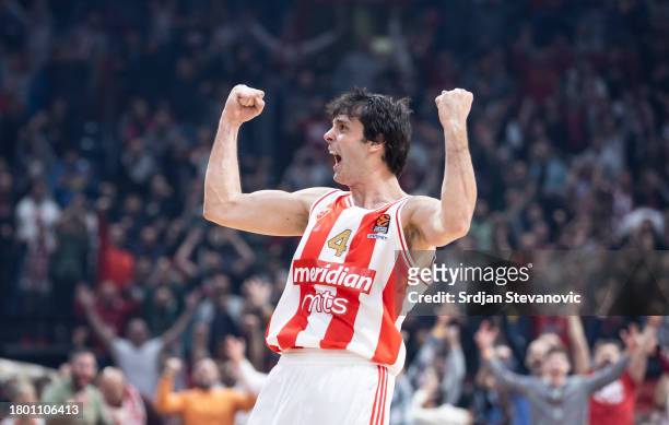 Milos Teodosic, #4 of Crvena Zvezda Meridianbet Belgrade reacts during the players presentation on the Turkish Airlines EuroLeague season 2023/2024...
