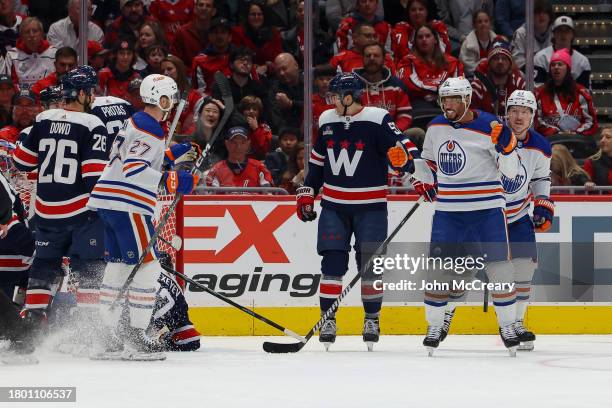 Evander Kane of the Edmonton Oilers celebrates a first period goal during a game against the Washington Capitals at Capital One Arena on November 24,...