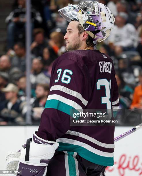 John Gibson of the Anaheim Ducks looks on during the second period against the Los Angeles Kings at Honda Center on November 24, 2023 in Anaheim,...