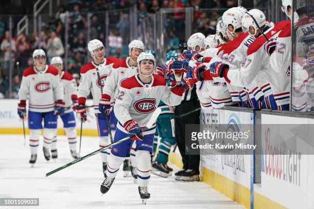 Cole Caufield of the Montreal Canadiens celebrates scoring a goal against the San Jose Sharks at SAP Center on November 24, 2023 in San Jose,...