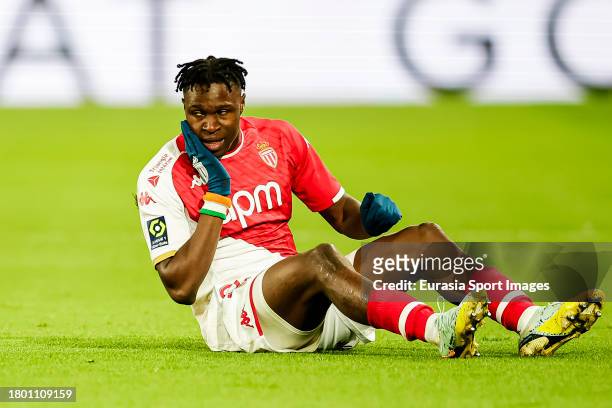 Wilfried Singo of Monaco lies injured during the Ligue 1 Uber Eats match between Paris Saint-Germain and AS Monaco at Parc des Princes on November...