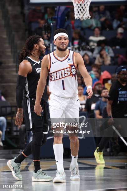 Devin Booker of the Phoenix Suns smiles during the game against the Memphis Grizzlies during the In-Season Tournament on NOVEMBER 24, 2023 at...