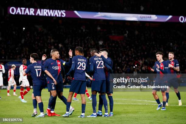 Randal Kolo Muani of Paris Saint-Germain celebrates his goal with Kylian Mbappe of Paris Saint-Germain during the Ligue 1 Uber Eats match between...