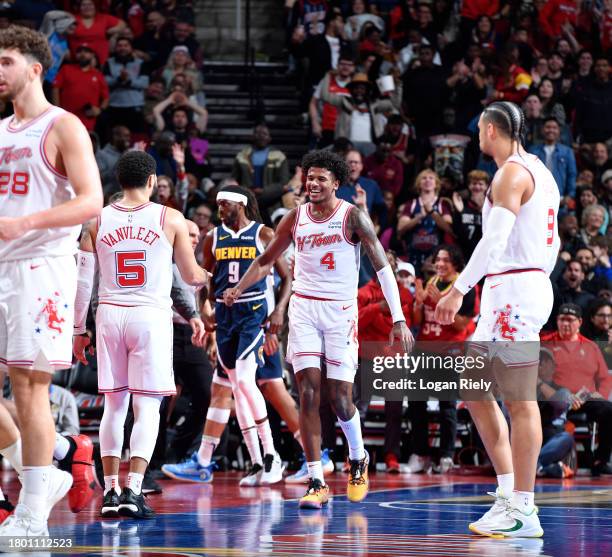 Jalen Green of the Houston Rockets celebrates during the game against the Denver Nuggets during the In-Season Tournament on November 24, 2023 at the...