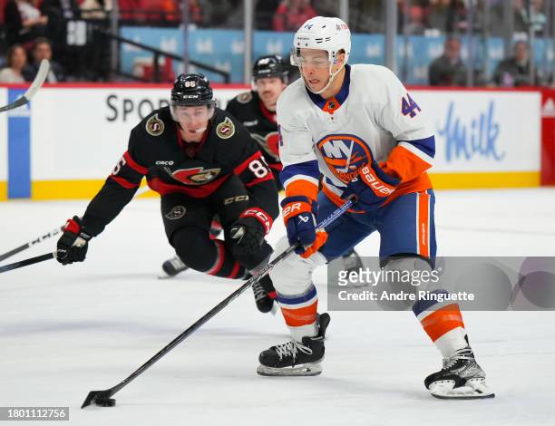 Jean-Gabriel Pageau of the New York Islanders controls the puck against the Ottawa Senators during the second period at Canadian Tire Centre on...