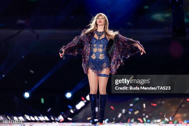 Taylor Swift performs onstage during "Taylor Swift | The Eras Tour" at Allianz Parque on November 24, 2023 in Sao Paulo, Brazil.