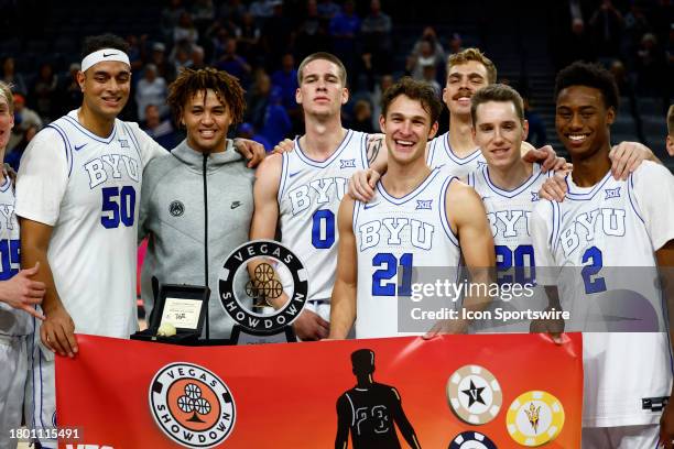 Brigham Young University Cougars Aly Khalifa, Noah Waterman, Trevin Knell, Townsend Tripple , Spencer Johnson, and Jaxson Robinson, pose for a photo...