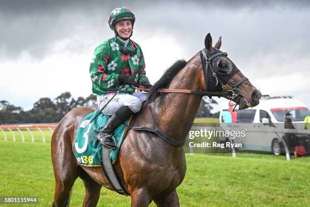 Lauren Burke returns to the mounting yard on Stirrup after winning the Dunkeld & District Bendigo Bank BM52 Handicap at Penshurst Racecourse on...