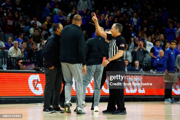 Head coach Kevin Keatts of the North Carolina State Wolfpack is ejected by referee Terry Oglesby during the championship game of the Vegas Showdown...