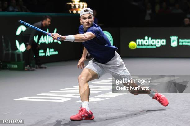 Jack Draper of Great Britain is playing a backhand during the Quarter Final match between Miomir Kecmanovic of Serbia and Jack Draper of Great...