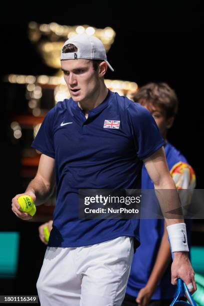 Jack Draper of Great Britain is celebrating a point during the quarterfinal match between Miomir Kecmanovic of Serbia and himself at the Davis Cup at...