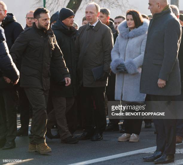 Ukraine president Volodymyr Zelensky and Senate chairwoman Stephanie D'Hose pictured during a ceremony to commemorate the Holodomor, during a visit...