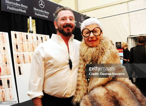 Designer Ralph Rucci and Iris Apfel attend the Ralph Rucci show during Spring 2014 Mercedes-Benz Fashion Week at The Theatre at Lincoln Center on...