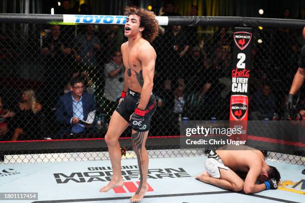 Payton Talbott reacts after his victory against Nick Aguirre in a bantamweight fight during the UFC Fight Night event at UFC APEX on November 18,...