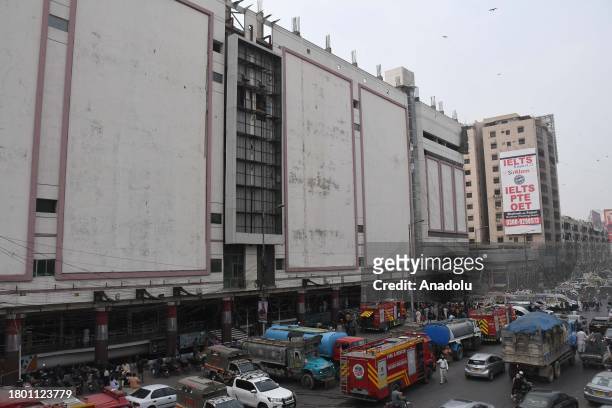 View of the mall in Pakistan's Karachi with hundreds of shops, where a fire broke out when it was closed on November 25, 2023. At least nine people...