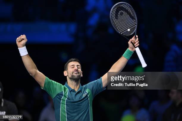 Novak Djokovic of Serbia celebrates victory against Carlos Alcaraz of Spain during the Men's Singles Semi Final match on day seven of the Nitto ATP...