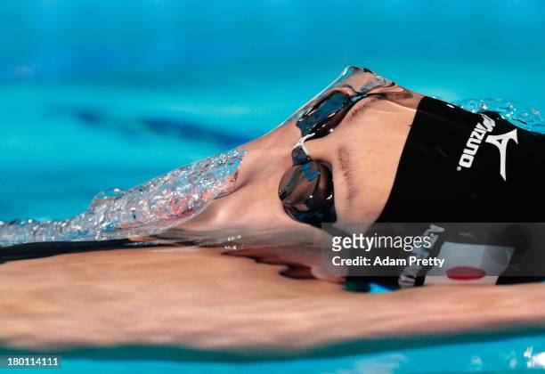 Aya Terakawa of Japan competes in the Women's Medley 4x100m Relay Final on day sixteen of the 15th FINA World Championships at Palau Sant Jordi on...
