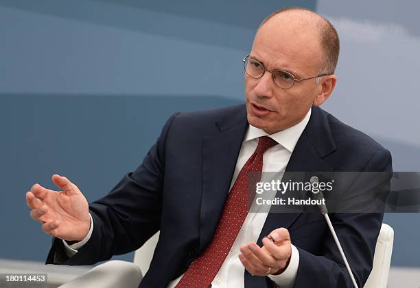 Prime Minister of Italy, Enrico Letta attends a meeting with Business 20 and Labour 20 representatives during the G20 summit on September 6, 2013 in...