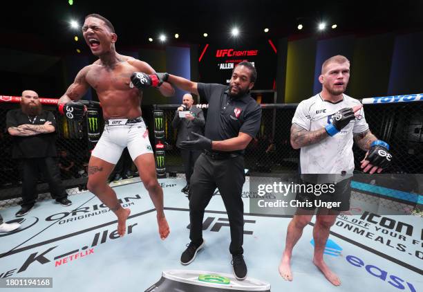 Michael Morales of Ecuador reacts after his victory against Jake Matthews of Australia in a welterweight fight during the UFC Fight Night event at...