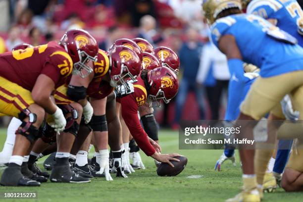 The USC Trojans offensive line snaps during a field goal attemp during the second half of a game against the UCLA Bruins at United Airlines Field at...